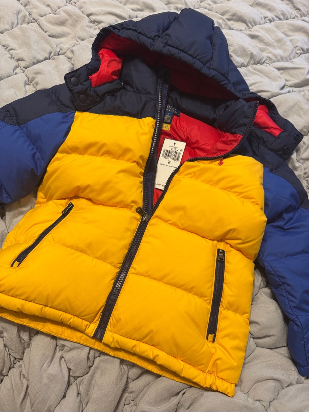 Polo by Ralph Lauren Kids Colorblock Puffer Jacket in Yellow, Navy & Blue